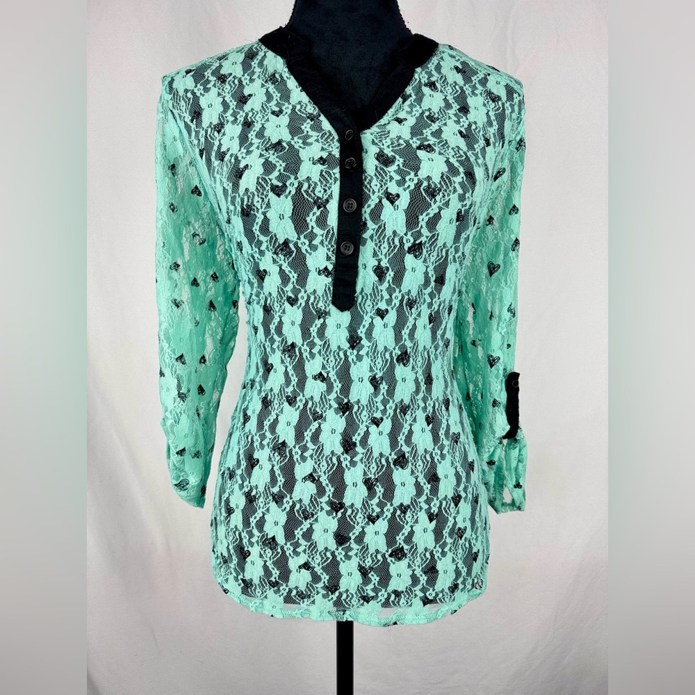 No Boundaries Mint Green Lace Long Sleeve Top with Black Roll Tab Sleeves - Picture 3 of 7